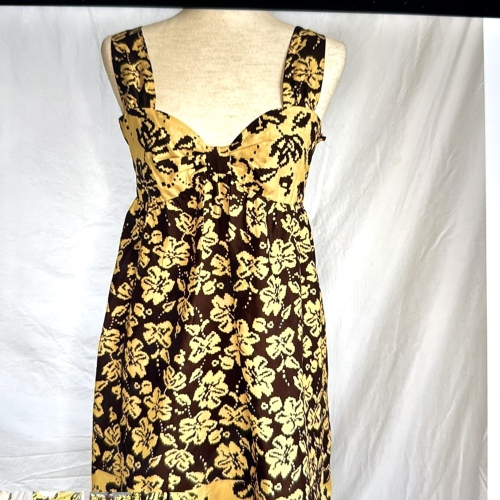 Pow WOW 100% Silk Baby doll Floral mini Dress Womens 14 Smocked yellow Brown